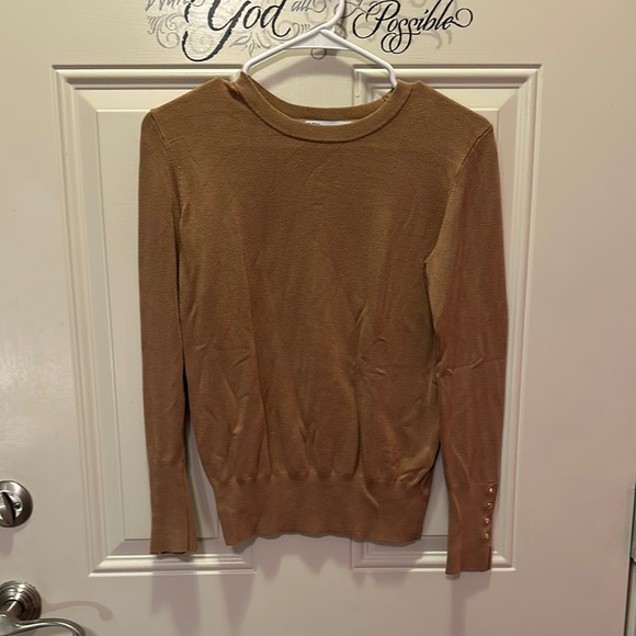 Zara Basic Knit Crew Neck Beige Sweater Gold Button Long Sleeve Womens Size M‎ - Picture 1 of 9